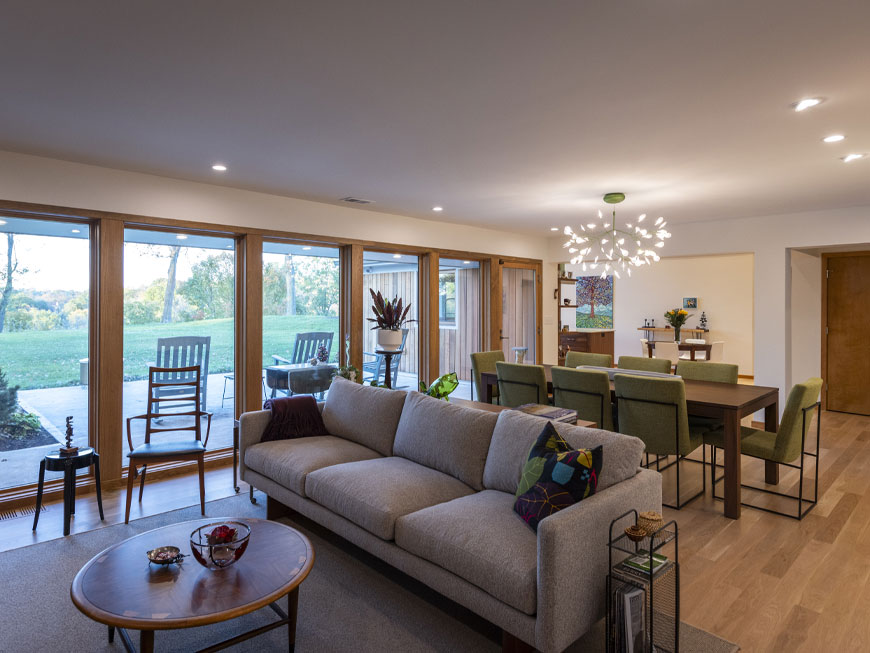 Open living area with mid-century atomic design inspiration as part of home remodel.